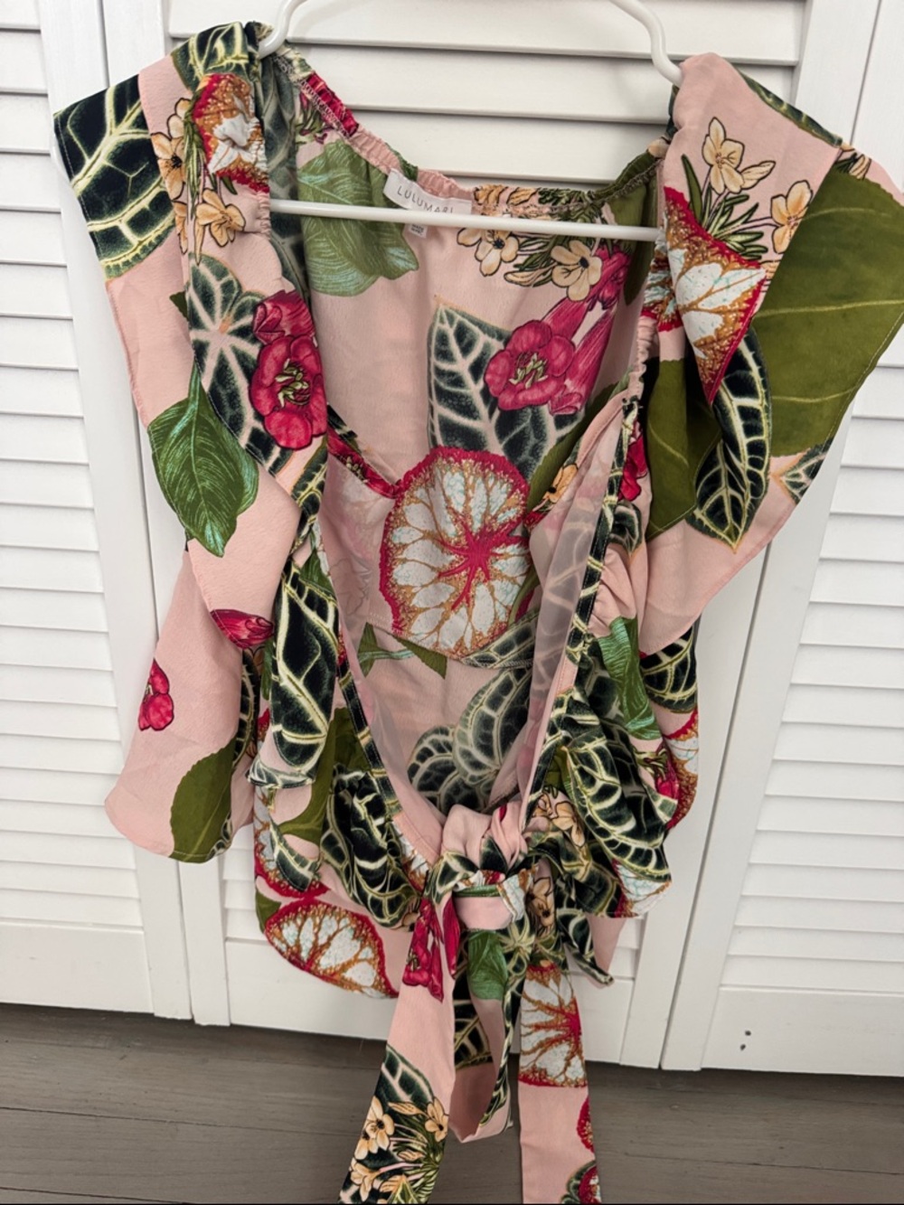 Lulumari Pink Floral Tie-Waist Wrap Blouse with Green Leaf Print